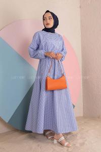 Modalamelif Bel Büzgülü  Pötikare Desen Elbise Mavi