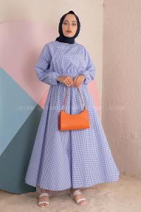 Modalamelif Bel Büzgülü  Pötikare Desen Elbise Mavi