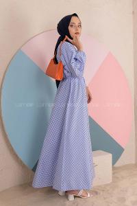 Modalamelif Bel Büzgülü  Pötikare Desen Elbise Mavi