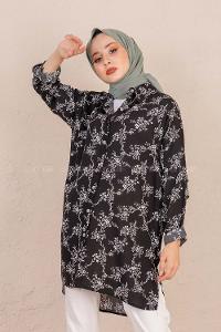 Modalamelif Çiçek Desen Gömlek Siyah
