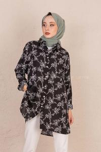Modalamelif Çiçek Desen Gömlek Siyah
