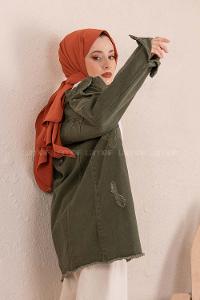 Modalamelif Eteği Püsküllü Kot Ceket Haki