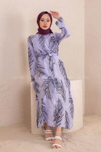 Modalamelif Kuşaklı Yaprak Desen Elbise Lila