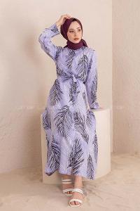 Modalamelif Kuşaklı Yaprak Desen Elbise Lila
