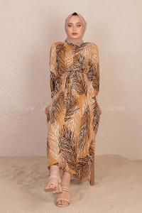 Modalamelif Kuşaklı Yaprak Desen Elbise Sütlü Kahve