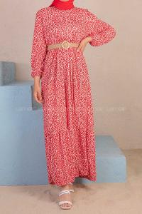 Modalamelif Papatya Desen Hasır Kemerli Elbise Ekru Bordo