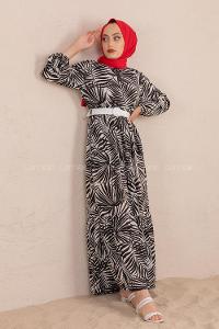 Modalamelif Yaprak Desen Kemerli Elbise Siyah