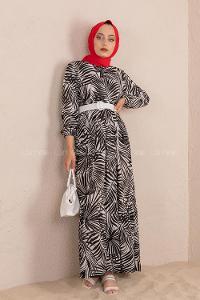 Modalamelif Yaprak Desen Kemerli Elbise Siyah