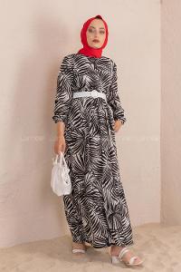 Modalamelif Yaprak Desen Kemerli Elbise Siyah