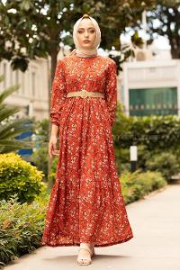 Modalamelif Çiçek Desen Hasır Kemerli Elbise Kiremit