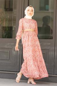 Modalamelif Çiçek Desen Hasır Kemerli Elbise Pudra
