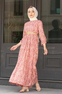 Modalamelif Çiçek Desen Hasır Kemerli Elbise Pudra