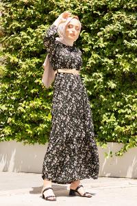 Modalamelif Çiçek Desen Hasır Kemerli Elbise Siyah Yeşil