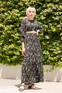 Modalamelif Çiçek Desen Hasır Kemerli Elbise Siyah Yeşil