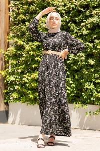 Modalamelif Çiçek Desen Hasır Kemerli Elbise Siyah Yeşil