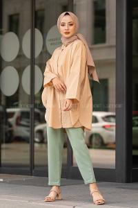 Modalamelif Önü Düğmeli Yan Cepli Gömlek Sütlü Kahve