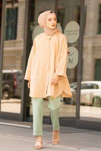 Modalamelif Önü Düğmeli Yan Cepli Gömlek Sütlü Kahve