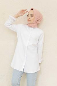 Modalamelif Önü Gizli Düğmeli Boyfriend Gömlek Beyaz