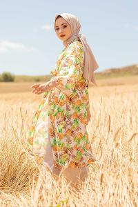 Modalamelif Ananas Baskılı Kuşaklı Kimono Yeşil