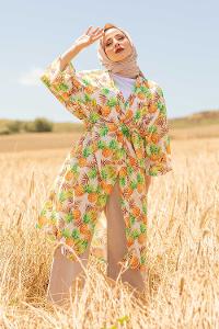 Modalamelif Ananas Baskılı Kuşaklı Kimono Yeşil