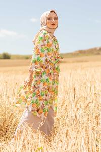 Modalamelif Ananas Baskılı Kuşaklı Kimono Yeşil
