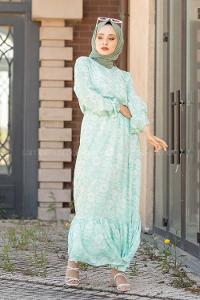 Modalamelif Bel Büzgülü Papatya Desen Elbise Çağla