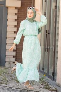 Modalamelif Bel Büzgülü Papatya Desen Elbise Çağla