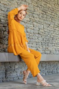 Modalamelif  Önü Katlı İkili Takım Hardal Sarısı