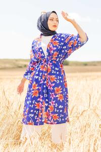 Modalamelif Orkide Desen Kuşaklı Kimono Saks Mavisi
