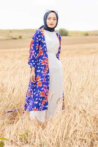 Modalamelif Orkide Desen Kuşaklı Kimono Saks Mavisi