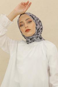 Modalamelif Gri Renk Motif Baskılı Pamuk Vual Şal