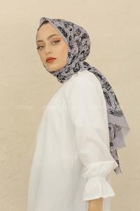 Modalamelif Gri Renk Motif Baskılı Pamuk Vual Şal