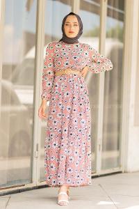 Modalamelif Hasır Kemerli Papatya Elbise Pudra