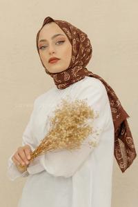 Modalamelif Kahve Rengi Motif Baskılı Pamuk Vual Şal