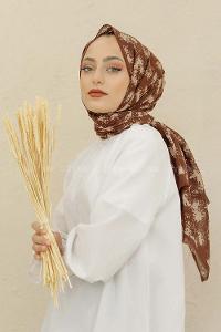 Modalamelif Kahve Renk Bulut Baskılı Pamuk Vual Şal