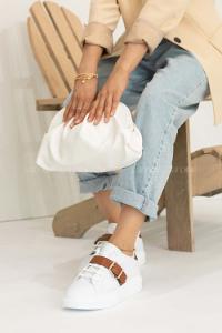 Modalamelif Kalın Taban Tokalı Spor Ayakkabı Beyaz Taba