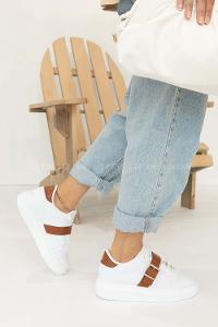 Modalamelif Kalın Taban Tokalı Spor Ayakkabı Beyaz Taba