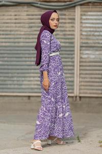 Modalamelif Kemerli Papatya Desen Elbise Lila