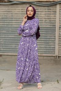 Modalamelif Kemerli Papatya Desen Elbise Lila