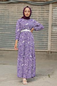 Modalamelif Kemerli Papatya Desen Elbise Lila