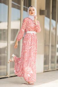 Modalamelif Kemerli Papatya Desen Elbise Pudra