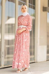 Modalamelif Kemerli Papatya Desen Elbise Pudra