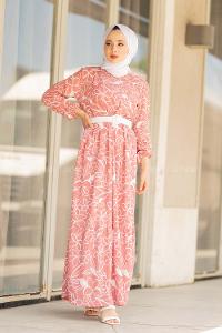 Modalamelif Kemerli Papatya Desen Elbise Pudra