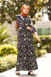 Modalamelif Kemerli Papatya Desen Elbise Siyah