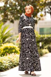 Modalamelif Kemerli Papatya Desen Elbise Siyah