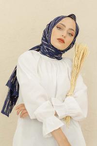 Modalamelif Lacivert Renk Çizgi Desen Pamuk Vual Şal