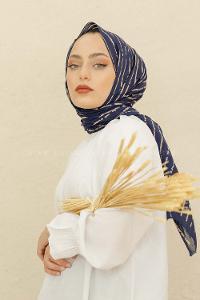 Modalamelif Lacivert Renk Çizgi Desen Pamuk Vual Şal