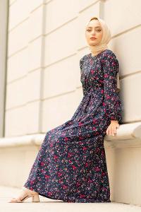 Modalamelif  Minimal Çiçek Desen Elbise Lacivert