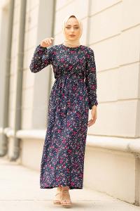 Modalamelif  Minimal Çiçek Desen Elbise Lacivert