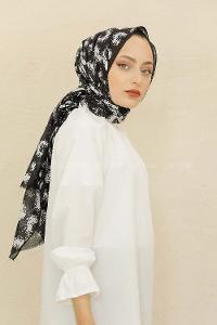 Modalamelif Siyah Renk Bulut Baskılı Pamuk Vual Şal